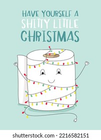 Funny christmas card. Cute toilet paper illustration tangled in christmas lights. Holiday greeting postcard.