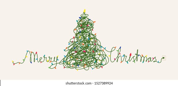 Funny Christmas card design, Christmas lights tangled up to shape Christmas tree and words Merry Christmas