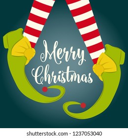 Funny Christmas card with elf legs. Flat design