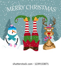 funny Christmas card with elf, snowman and reindeer. Christmas poster. Vector