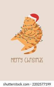 Funny Christmas card. Fat, disgruntled cat tangled in Christmas garland. Cute ginger cat in a Santa Claus hat. Vector postcard