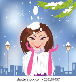 funny Christmas card with girl and snow