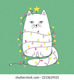 Funny christmas card. Grumpy cat illustration tangled in christmas lights. Holiday greeting postcard.