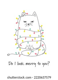 Funny Christmas card with grumpy cat illustration tangled in christmas lights. Holiday greeting card.