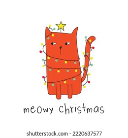 Funny christmas card with a hand drawn cute cat tangled in christmas lights. Comic holiday greeting postcard.