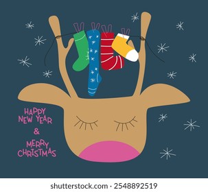 funny Christmas card with the head of a cute deer on the antlers of which different and colorful New Year's socks are drying, cartoon decoration, vector illustration