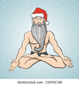 Funny Christmas card with meditating in lotus Yogi Santa Claus