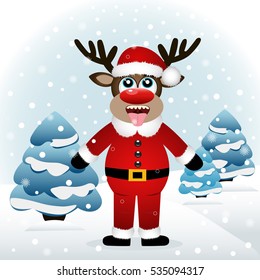 Funny Christmas card with a reindeer. Christmas Reindeer catches snowflakes tongue. Vector illustration.
