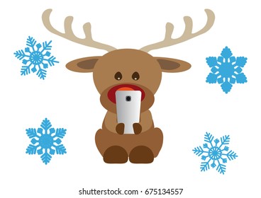Funny Christmas card, reindeer with mobile phone and snowflakes