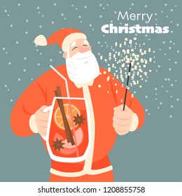 Funny Christmas card with Santa drinking mulled wine. Vector illustration in cartoon style