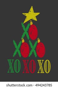 Funny Christmas card template, Christmas tree branches with red baubles and Christmas star, Hand drawn Christmas card vector illustration, XO Hugs and kisses card
