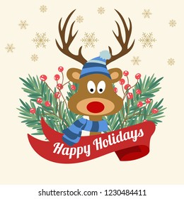 Funny Christmas card with tree branches and reindeer. Christmas  greeting card