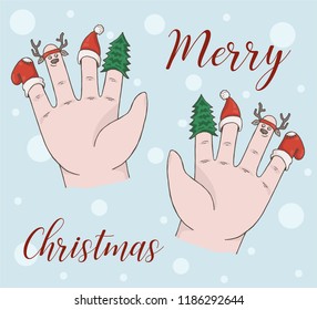 Funny Christmas card with two cartoon hands. 