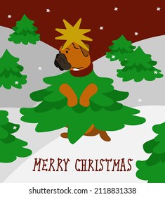 Funny Christmas card. Ugly Christmas sweater illustration, Christmas boxer vector, fairytale forest. Creative Christmas greeting card, postcard.