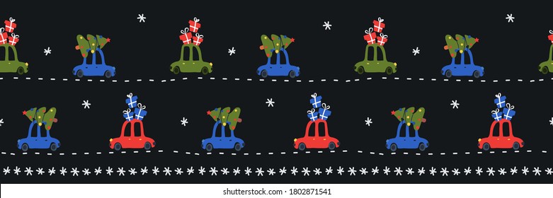 Funny Christmas cars with trees and presents. Seamless border with Xmas transportation with gifts delivery. Vector illustration.