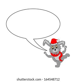 A funny Christmas cartoon rabbit with a speech bubble. Vector-art illustration on a white background