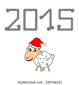 A funny Christmas cartoon sheep. New Year 2015 and Christmas postcard. Vector-art illustration on a white background
