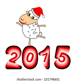 A funny Christmas cartoon sheep. New Year 2015 and Christmas postcard. Vector-art illustration on a white background