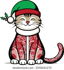 Funny Christmas cat , Cute cat illustration with a Christmas tree hat