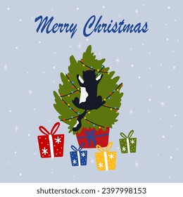 Funny Christmas cat. Drawing of cute cats with garland, Christmas tree, gift box. Design suitable for banner, invitation, card, greeting, banner, cover