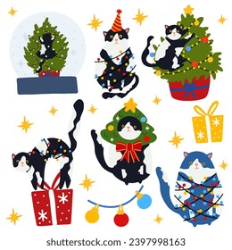 Funny Christmas cat. Drawing of cute cats with garland, Christmas tree, gift box. Design suitable for banner, invitation, card, greeting, banner, cover