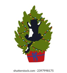 Funny Christmas cat. Drawing of cute cats with garland, Christmas tree, gift box. Design suitable for banner, invitation, card, greeting, banner, cover