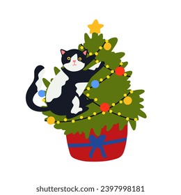 Funny Christmas cat. Drawing of cute cats with garland, Christmas tree, gift box. Design suitable for banner, invitation, card, greeting, banner, cover