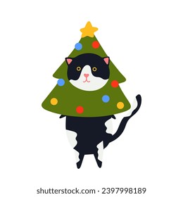 Funny Christmas cat. Drawing of cute cats with garland, Christmas tree, gift box. Design suitable for banner, invitation, card, greeting, banner, cover