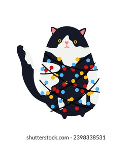 Funny Christmas cat. Drawing of cute cats with garland, Christmas tree, gift box. Design suitable for banner, invitation, card, greeting, banner, cover