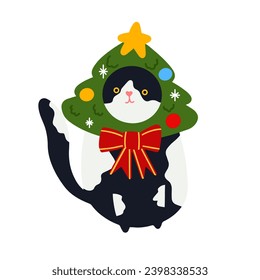 Gracioso gato de Navidad. Dibujo de gatos lindos con guirnaldas, árbol de Navidad, caja de regalo. Diseño adecuado para banner, invitación, tarjeta, saludo, banner, portada