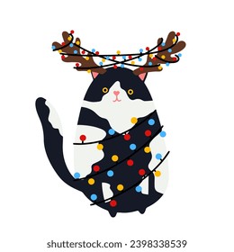 Funny Christmas cat. Drawing of cute cats with garland, Christmas tree, gift box. Design suitable for banner, invitation, card, greeting, banner, cover
