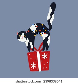 Funny Christmas cat. Drawing of cute cats with garland, Christmas tree, gift box. Design suitable for banner, invitation, card, greeting, banner, cover