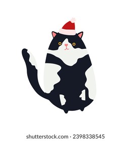 Funny Christmas cat. Drawing of cute cats with garland, Christmas tree, gift box. Design suitable for banner, invitation, card, greeting, banner, cover