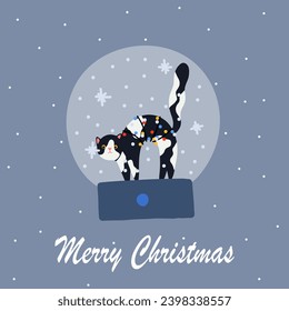 Funny Christmas cat. Drawing of cute cats with garland, Christmas tree, gift box. Design suitable for banner, invitation, card, greeting, banner, cover