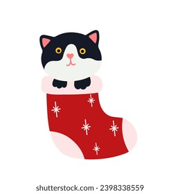 Funny Christmas cat. Drawing of cute cats with garland, Christmas tree, gift box. Design suitable for banner, invitation, card, greeting, banner, cover