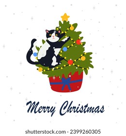 Funny Christmas cat. Drawing of cute cats with garland, Christmas tree, gift box. Design suitable for banner, invitation, card, greeting, banner, cover