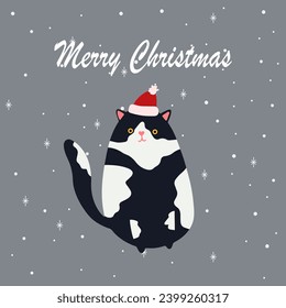 Funny Christmas cat. Drawing of cute cats with garland, Christmas tree, gift box. Design suitable for banner, invitation, card, greeting, banner, cover