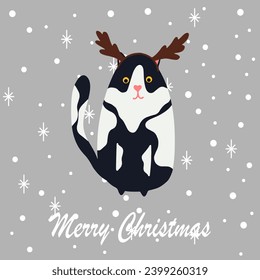 Funny Christmas cat. Drawing of cute cats with garland, Christmas tree, gift box. Design suitable for banner, invitation, card, greeting, banner, cover