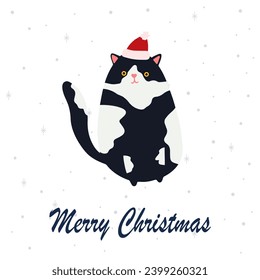 Funny Christmas cat. Drawing of cute cats with garland, Christmas tree, gift box. Design suitable for banner, invitation, card, greeting, banner, cover