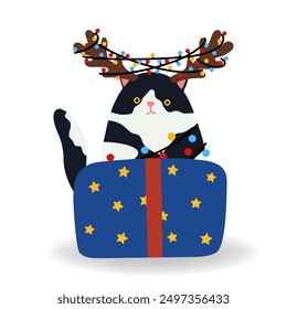 Funny Christmas cat in the gift box in flat style, isolated for holiday designs banner, cover, advertisement, greeting card. Vector illustration of Christmas. Concept of Christmas and New Year