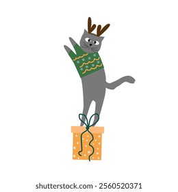 Funny Christmas cat with christmas gift. Cartoon vector style