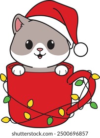 Funny christmas cat in red mug vector illustration