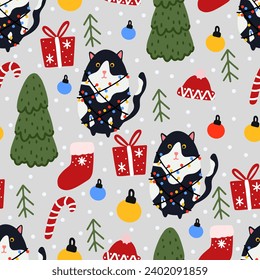 Funny Christmas cat. Seamless pattern of cute cats with garland, Christmas tree, gift box. Design suitable for banner, invitation, card, greeting, banner, cover