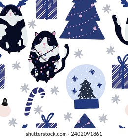Funny Christmas cat. Seamless pattern of cute cats with garland, Christmas tree, gift box. Design suitable for banner, invitation, card, greeting, banner, cover
