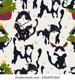 Funny Christmas cat. Seamless pattern of cute cats with garland, Christmas tree, gift box. Design suitable for banner, invitation, card, greeting, banner, cover