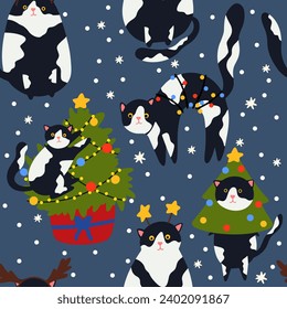 Funny Christmas cat. Seamless pattern of cute cats with garland, Christmas tree, gift box. Design suitable for banner, invitation, card, greeting, banner, cover