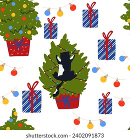Gracioso gato de Navidad. Patrón sin foco de gatos lindos con guirnalda, árbol de Navidad, caja de regalo. Diseño adecuado para banner, invitación, tarjeta, saludo, banner, portada