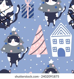 Weihnachtskatze lustig. Nahtlose Muster süßer Katzen mit Garland, Weihnachtsbaum, Geschenkbox. Design geeignet für Banner, Einladung, Karte, Gruß, Banner, Cover