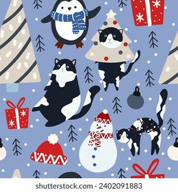 Funny Christmas cat. Seamless pattern of cute cats with garland, Christmas tree, gift box. Design suitable for banner, invitation, card, greeting, banner, cover