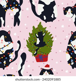 Gracioso gato de Navidad. Patrón sin foco de gatos lindos con guirnalda, árbol de Navidad, caja de regalo. Diseño adecuado para banner, invitación, tarjeta, saludo, banner, portada